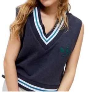 Urban Outfitters Navy Blue Green Badminton Embroidery Cropped Jersey Vest Size M thumbnail 2