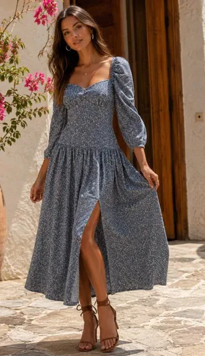 ASTR Puff Sleeve Sweetheart Neck Boho Satin Dress Blue Floral Size Small NWT thumbnail 1