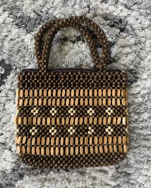 Vintage Wooden Beaded Handbag Boho Y2K Mini Purse Brown Tan thumbnail 1