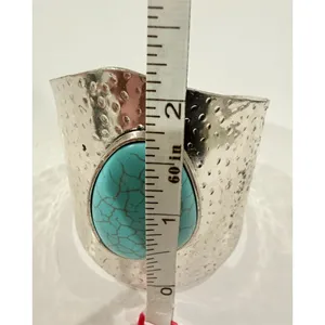 Western boho statement Bracelet Silver Hammered Wide Cuff Oval Turquoise stone thumbnail 3