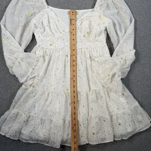 Altard State White Gold Star Tiered Ruffle Mini Dress Size Medium Puff Sleeve thumbnail 6