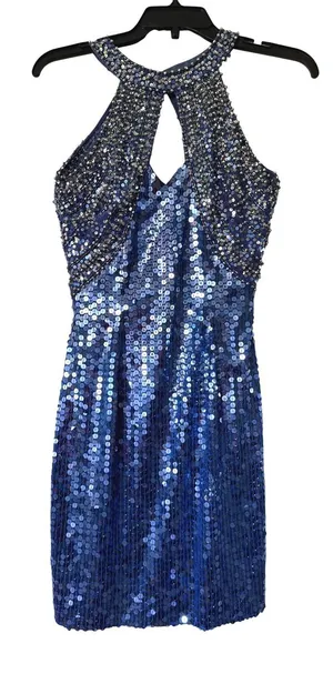 Niteline Vintage Blue Sequin Halter‎ Mini Dress Silk Beaded Cocktail Womens 10 thumbnail 1