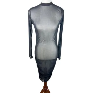 Sheer Mesh Long Sleeve Mock Neck Bodycon Midi Dress Black Ruched Thumbholes thumbnail 2