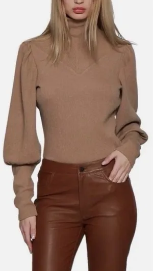 Walter Baker Brown Ribbed High Neck Puff Sleeve Knit Sweater Size Large thumbnail 1