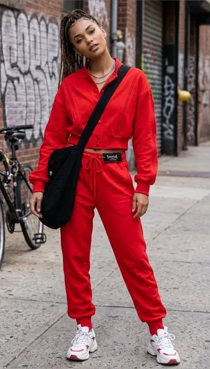 SWANK Red Cropped Jacket & Jogger Sweatpants Set thumbnail 1