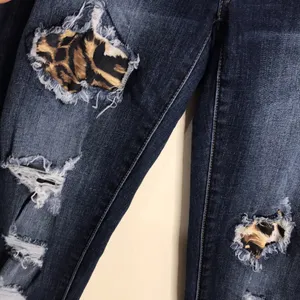KanCan ladies distressed dark wash denim jeans with leopard patches on areas‎ 29 thumbnail 5