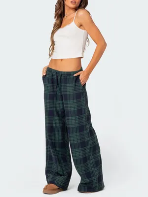 Edikted Lounge Around Plaid Wide Leg Pants Navy Blue Green Small thumbnail 5