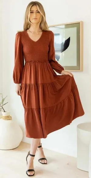 Bohme Rust Midi Dress Medium Long Balloon Sleeve Smocked Bodice Layered Tiered thumbnail 1