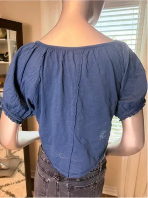Anthropologie Pilcro Blue Cropped Peasant Top Boho Puff Sleeve Button Large thumbnail 5