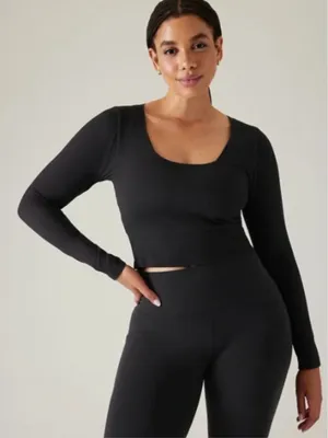 Athleta Womens Size Small Aurora Black Long-Sleeve Scoop Crop Top Ribbed Stretch thumbnail 1