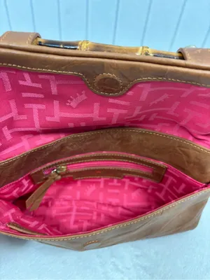Elaine Turner Tan Brown Leather Clutch with Bamboo Accent thumbnail 4