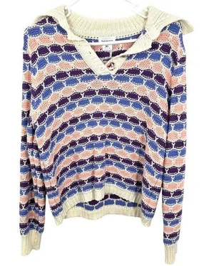 Find Me Now Colorful Striped Chunky Knit‎ Sweater V Neck Collared Cozy Fall Boxy thumbnail 1