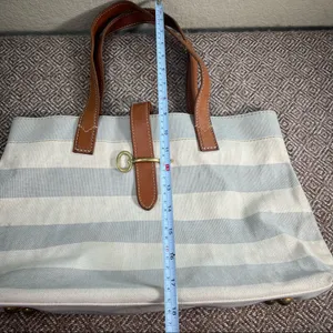 Fossil Rachel Blue Gray /Cream Coated Canvas KEY Leather Shoulder Tote Bag thumbnail 14
