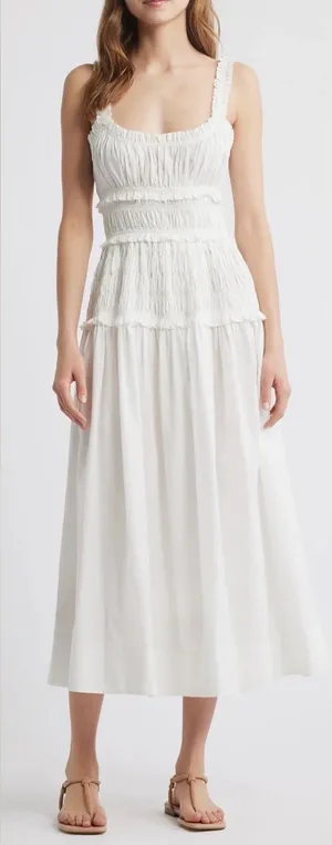 NEW DÔEN Marianne Stripe Organic Cotton Midi salt white Dress sz L thumbnail 1