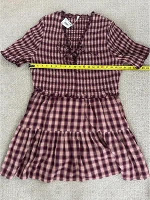 AE Puff Sleeve Tie Front Plaid Mini Dress American Eagle Pink NWT Burgundy XXL thumbnail 6