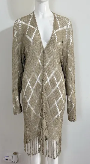 Womens Crochet Knit Cardigan Long Duster Metallic Beige Fringe Boho Cover Up L thumbnail 1