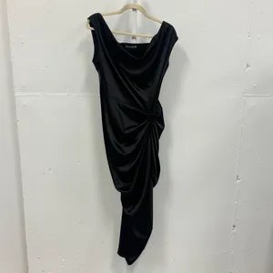 PrettyLittleThing Black Satin Off The Shoulder Draped Skirt Midi Dress Slit Sz 8 thumbnail 3