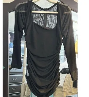 New Black Ruched Bodycon Square Neck Mini Dress M Size M thumbnail 1