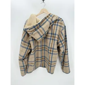 Entro Women Tan Blue Plaid Open Front Fur Lined‎ Shacket Hood Wool Blend Size L thumbnail 2