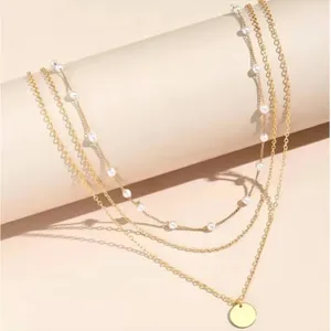 New Elegant Crystal Faux Pearl Pendant Necklace Layered Pearl Chain-Golden thumbnail 5
