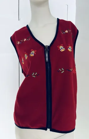 Vintage Erika Sport Womens Fleece Vest Red Embroidered Bells Holiday Christmas M thumbnail 1