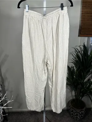 J89. Zara linen blend pinstripe drawstring wide leg pants cream and black thumbnail 3