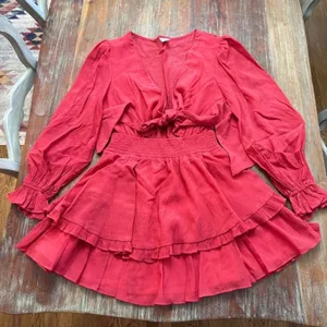 Angel Biba Red Tie Front Ruffle Tiered Mini Dress Long Sleeve Boho US S AU 8 thumbnail 1
