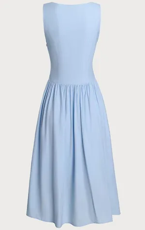 Rihoas Blue V Neck Button Sleeveless Midi Dress thumbnail 6