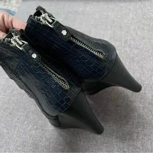 Rebecca Minkoff Sonny Embossed Peep Toe Wedge Booties Size 9 Navy Blue Black thumbnail 5
