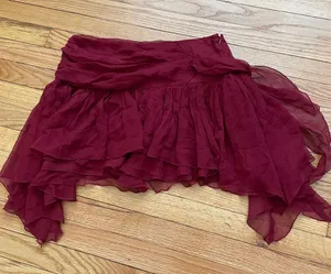 Bebe vintage y2k silk Asymmetrical Ruffle Cheerleader Layer High Low Maroon Chiffon tie belt Women's mini Skirt Size M thumbnail 3