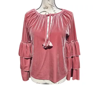 MISA‎ Los Angeles Harlow Top Dusty Rose Velvet Ruffle Sleeve Tassel Blouse Small thumbnail 3