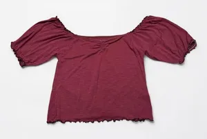 American Eagle Soft Sexy Burgundy Off Shoulder Puff Sleeve Lettuce‎ Trim Top XS thumbnail 1