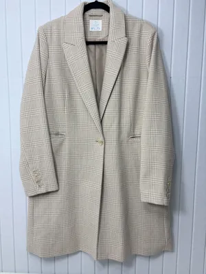 Primark Cream Plaid Long‎ Blazer Jacket Size 12 thumbnail 2