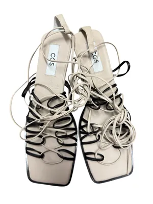 COS Lace Up Strappy Square Toe Sandals Leather Heels Black Cream US 10 EU 41 thumbnail 4