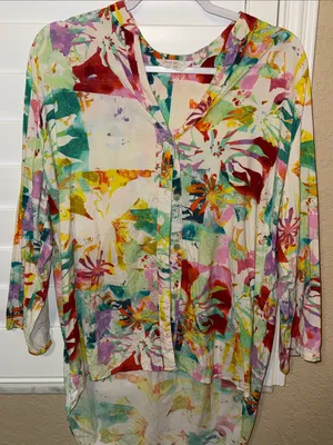 Jams World Multicolor Floral Button-Down Women's Shirt - Lightweight V-Neck L thumbnail 2