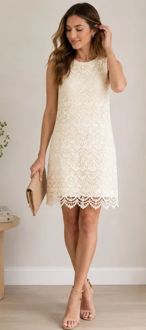 LOFT Ivory Crochet Lace Shift Dress Size 0 Scalloped Hem thumbnail 1