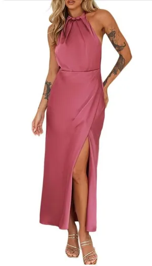 NEW Rose Satin Halter Neck Backless Slit Cowl Back Ruched Maxi Dress M thumbnail 1