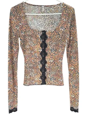 NEW Free People She’s All That Top Animal Print Black Lace Size Small thumbnail 1