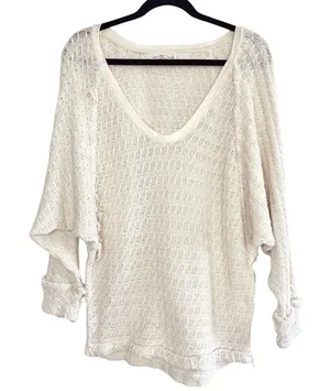 We The Free People Thien Hacci Ivory Textured Knit Fringe V-Neck Oversized Small thumbnail 1