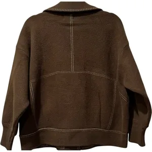 LENA Brown Knit Barn Jacket Sweater Contrast Stitching Oversized Quiet Luxury‎ thumbnail 2