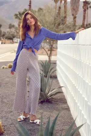 Lulus Miami Afternoons Blue Multi Geo Print Plisse Wide-leg Pants - Size M thumbnail 1