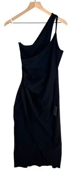 Lulus Womens Size M Black Ribbed One-Shoulder Tulip Hem Faux Wrap Dress‎ M thumbnail 1