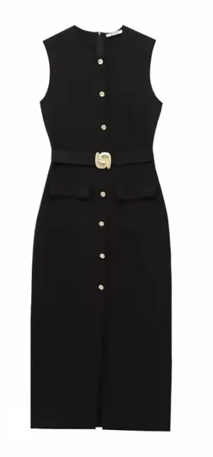 Zara Black Sleeveless Maxi Dress with Gold Buckle thumbnail 1