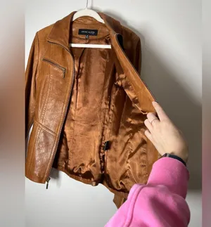 Vintage Anne Klein Longer Line Camel Faux Belted Leather Jacket Sz M thumbnail 9