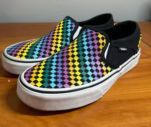 Vans Classic Slip On Checkerboard Canvas Sneaker Skate Rainbow Black Shoe W6.5‎ thumbnail 1