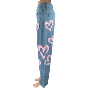 Colorful Natalie Blue Pink Hearts High Waisted Baggy Wide Leg Denim Jeans Size L thumbnail 2
