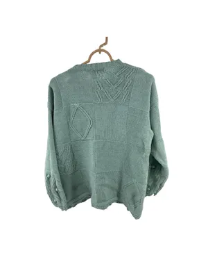 Melbourne Elements Pom Pom crochet Knit Patchwork Sweater sage L cottage thumbnail 2
