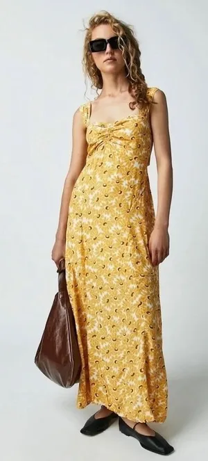 FREE PEOPLE Rosalee Midi Dress Yellow Combo Floral Cutout Back Boho X-Small thumbnail 1