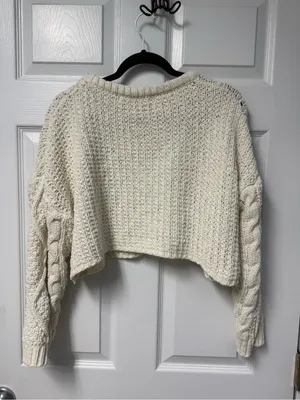 Altar'd State Cream Cable Knit Cropped Crewneck Sweater thumbnail 5