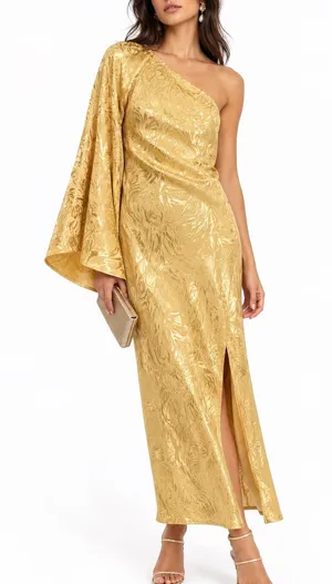 NWT H&M Gold Metallic Jacquard One Shoulder Open Back Maxi Dress M Y2K Glam thumbnail 1
